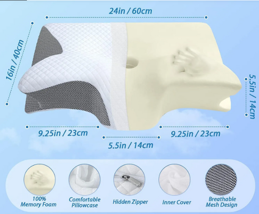 The NUNI Cloud Pillow dimensions - 24 by 16 by 5.5 inches, memory foam with hidden zipper and washable cover
