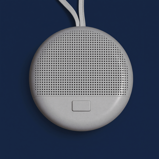 The NUNI Sound Machine — round white portable white noise machine with a dot-pattern speaker grille and wrist strap
