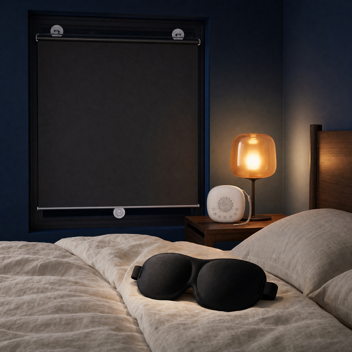 The NUNI Dorm Kit — blackout shade on the window, sound machine on the nightstand and blackout sleep mask on the bed, in one dark dorm room