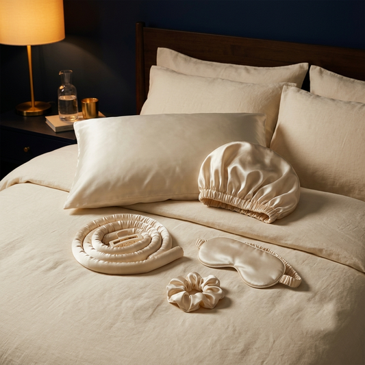 The NUNI Satin Set — pillowcase, bonnet, heatless curling kit, eye mask and scrunchie